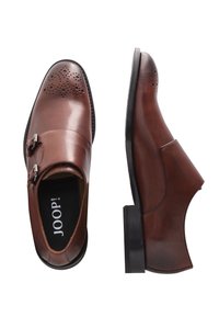 Chaussures habillées en cuir marron à double boucle avec des perforations décoratives sur le bout, présentées en vues de dessus et de côté sur fond blanc.