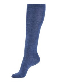 Kniestrümpfe aus strukturiertem blauen Stoff, mit einem gerippten Bündchen und glatter Oberfläche, entworfen für Komfort und Langlebigkeit.