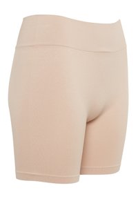 Beige stretch shorts with a smooth texture, high waistband, and mid-thigh length. Designed for comfort and versatility in wear.