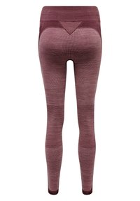 Leggings a vita alta in un materiale borgogna testurizzato, con dettagli in rete e modelli di maglia variabili lungo le gambe.