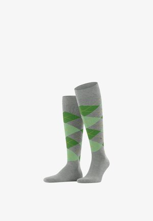 Kniestrümpfe in Grau mit einem grünen und hellgrünen Argyle-Muster und gelben Nahtdetails.