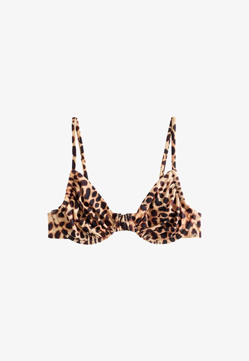 Bralette imprimé léopard avec fines bretelles réglables et détail en tissu froncé au centre et sur les bonnets.