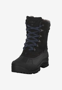 Schwarzer wasserdichter Winterstiefel mit synthetischem Obermaterial, Fellfütterung und Gummisohle. Enthält blaue Schnürsenkel und Metallhaken für einen sicheren Sitz.