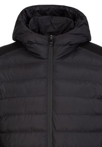Schwarze Daunenjacke mit hohem Kragen, Reißverschluss vorne und strukturierten Einsätzen. Verfügt über horizontale Steppnähte und eine matte Oberfläche.
