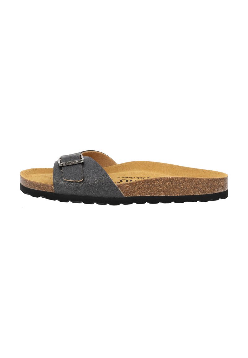 Grijze schuif sandaal met een metallic gesp, kurken voetbed en een gestructureerde zwarte buitenzool. Heeft een minimalistisch ontwerp voor casual gebruik.