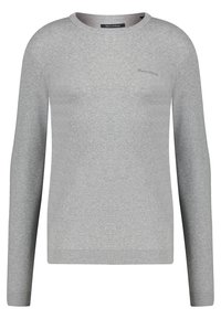 Hellgrauer Rundhalspullover mit langen Ärmeln. Aus weichem Stoff gefertigt, mit einem dezenten Logo auf der Brust sowie gerippten Bündchen und Saum.