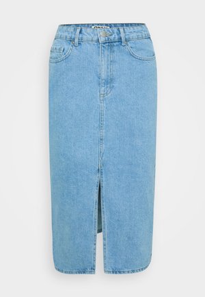 Heledsinine denim seelik otse lõikega, keskmise pikkusega, ees oleva lõhega ja klassikaliste taskute detailidega. Vasknööp vööl.