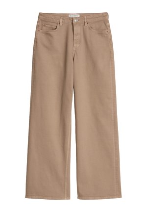 Beige Hose mit weitem Bein, vorne mit Knopf, Reißverschluss, zwei Vordertaschen und Gürtelschlaufen, aus einem glatten Stoff gefertigt.