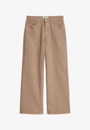Beige wide-leg trousers with front button, zipper, two front pockets, and belt loops, made from a smooth fabric.