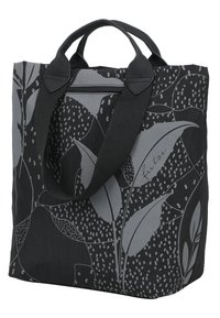 Bolsa tote negra con patrón de hojas grises, tela texturizada, doble asa negra y parte superior con cremallera. Presenta elementos de diseño minimalistas.