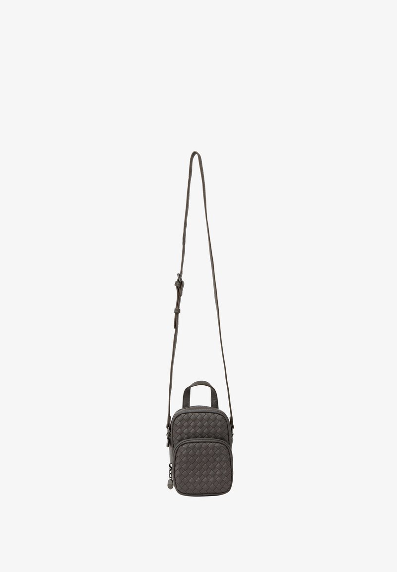 Dark gray woven fabric crossbody bag with adjustable strap and top handle, featuring two zippered compartments and subtle stitching details.