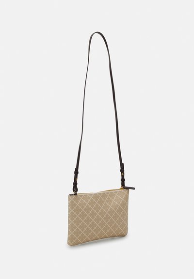 Beige crossbody bag with a geometric pattern, featuring a zip closure and adjustable brown strap. Textured fabric with gold hardware accents.