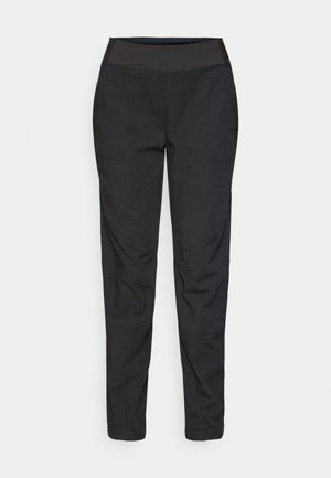 Pantalones exteriores negros con una cinturilla ajustada, piernas entalladas y detalles de costura. Elaborados con una tela duradera y ligera para mayor comodidad.