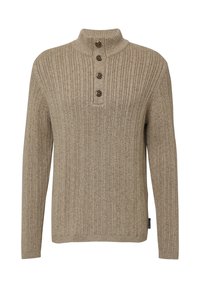 Beżowy sweter z ribbed, z wysokim kołnierzem, z trzema brązowymi guzikami z przodu i długimi rękawami. Miękka faktura i luźny krój.