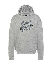 Szara bluza z kapturem, z kieszenią z przodu, kapturem ze sznurkiem oraz dużym, ciemnoniebieskim napisem "Schott Bros. Inc." umieszczonym na środku klatki piersiowej. Miękka tekstura tkaniny.