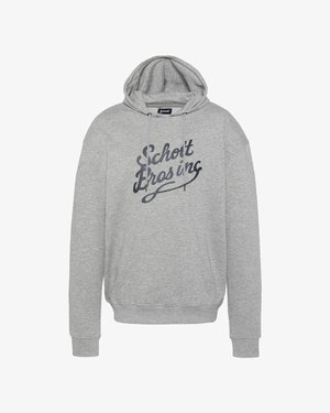 Grauer Hoodie mit Taschen vorne, Kapuze mit Kordelzug und großem dunkelblauem Schriftzug "Schott Bros. Inc." mittig auf der Brust. Weiche Stofftextur.