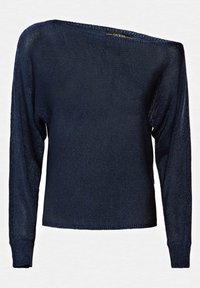 Granatowa, długozasłonowa bluzka dzianinowa z szerokim dekoltem. Ma teksturowany materiał i prosty krój, z delikatnym połyskiem. Widoczna metka marki.