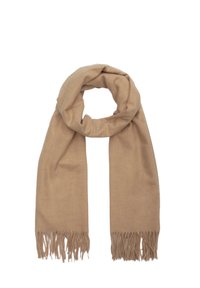 Beige wollen sjaal met een zachte textuur, een rechthoekige vorm en gefranjerde uiteinden voor extra detail en interesse.