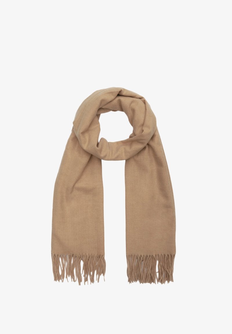 Beige wollen sjaal met een zachte textuur, een rechthoekige vorm en gefranjerde uiteinden voor extra detail en interesse.