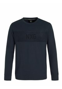 Sweatshirt bleu marine foncé en tissu doux, avec une bande texturée sur la poitrine portant le logo "NXG". Manches longues et col rond.