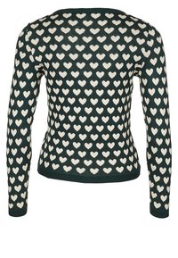 Ciemnozielony sweter z długim rękawem z białymi wzorami w serca równomiernie pokrywającymi całą tylną część i rękawy.