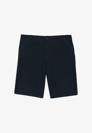 Granatowe, bawełniane spodenki do kolan z przodu zapinane na guzik i zamek błyskawiczny, z bocznymi kieszeniami i szlufkami, ułożone płasko na białym tle.