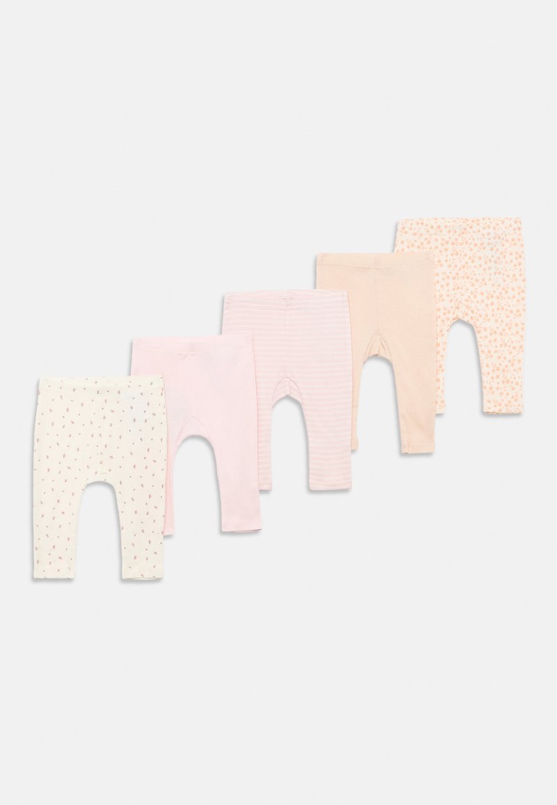 Cinque paia di leggins per bambini in morbidi colori pastello e motivi floreali o a righe, disposti in diagonale su uno sfondo bianco.