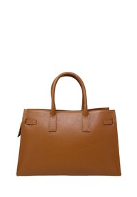 Brązowa skórzana torebka o strukturalnym designie, z podwójnymi uchwytami, teksturowaną powierzchnią oraz odpinanym zamykanym na zamek przedziałem z boku.