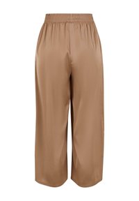 Brown, satin culottes with an elastic waistband, loose fit, and cropped length. Smooth texture and minimal design, suitable for casual wear.