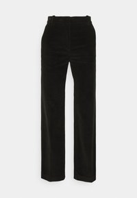 Pantalon noir en velours côtelé à jambes droites avec passants pour ceinture et devant épuré, présenté sur un fond blanc.