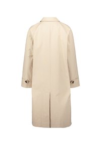 Trench coat beige con uno spacco posteriore, maniche lunghe e polsini con bottone. Tessuto liscio, colletto classico, design minimalista senza decorazioni.