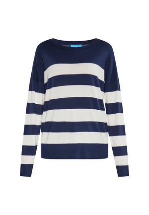 Marineblau und weiß gestreifter Pullover mit langen Ärmeln, rundem Halsausschnitt und lockerer Passform. Hergestellt aus einem weichen, leichten Stoff.