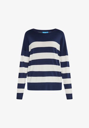 Pull rayé bleu marine et blanc avec des manches longues, un col rond et une coupe décontractée. Fabriqué à partir d'un tissu doux et léger.