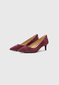 Bordo semšene visoke petne čevlje z obliko koničastega prsta, s tanko peto in gladko teksturo, postavljeni na enobarvno ozadje.
