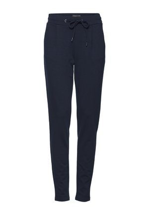 Pantaloni casual bleumarin, cu talie cu șnur, picioare conice și buzunare laterale, concepuți pentru confort și o croială relaxată.