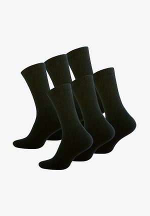Schwarze Baumwollcrew-Socken, sechs Paare, gerippte Textur, verstärkte Ferse und Zehen, mittlere Wadenlänge, Standardgröße, minimalistisches Design.