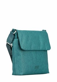 Teal messenger bag with a textured fabric exterior, a flap closure, adjustable strap, and logo detail on the front.