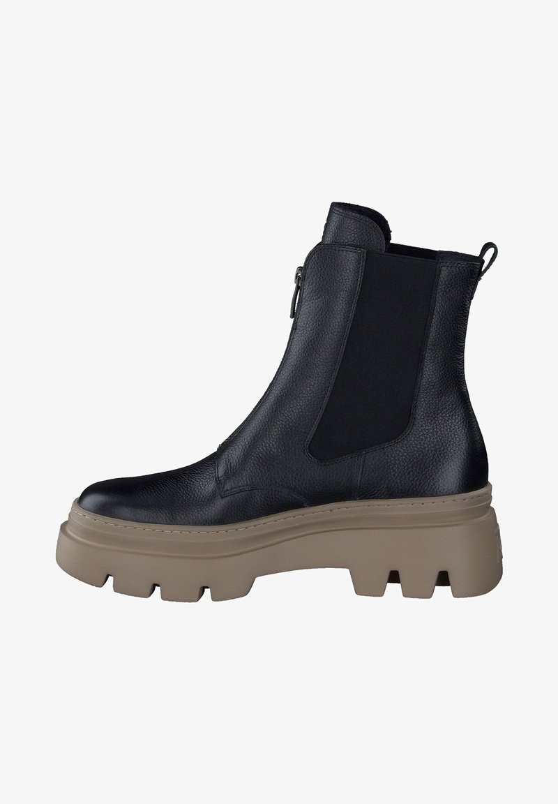 Bottes cheville en cuir noir à finition texturée, avec des panneaux latéraux élastiques et une semelle plateforme beige épaisse à motif cranté.