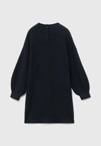 Vestito lavorato a maglia blu scuro con maniche a sbuffo, texture a coste e tre bottoni sul retro. L'orlo termina poco sopra il ginocchio.