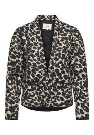 Gesteppter Blazer mit Leopardenmuster in Schwarz, Beige und Weiß, offen, mit langen Ärmeln und zwei Vordertaschen.