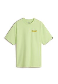 Light green cotton t-shirt featuring short sleeves, a crew neck, and a yellow "VANS" logo on the left chest. Smooth texture.
