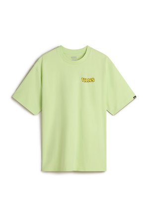 Light green cotton t-shirt featuring short sleeves, a crew neck, and a yellow "VANS" logo on the left chest. Smooth texture.