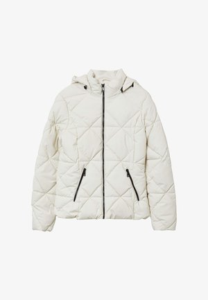 Quilted, white puffer jacket with a zip front, hood, and black zippered pockets. Features diamond-shaped stitching and a relaxed fit.