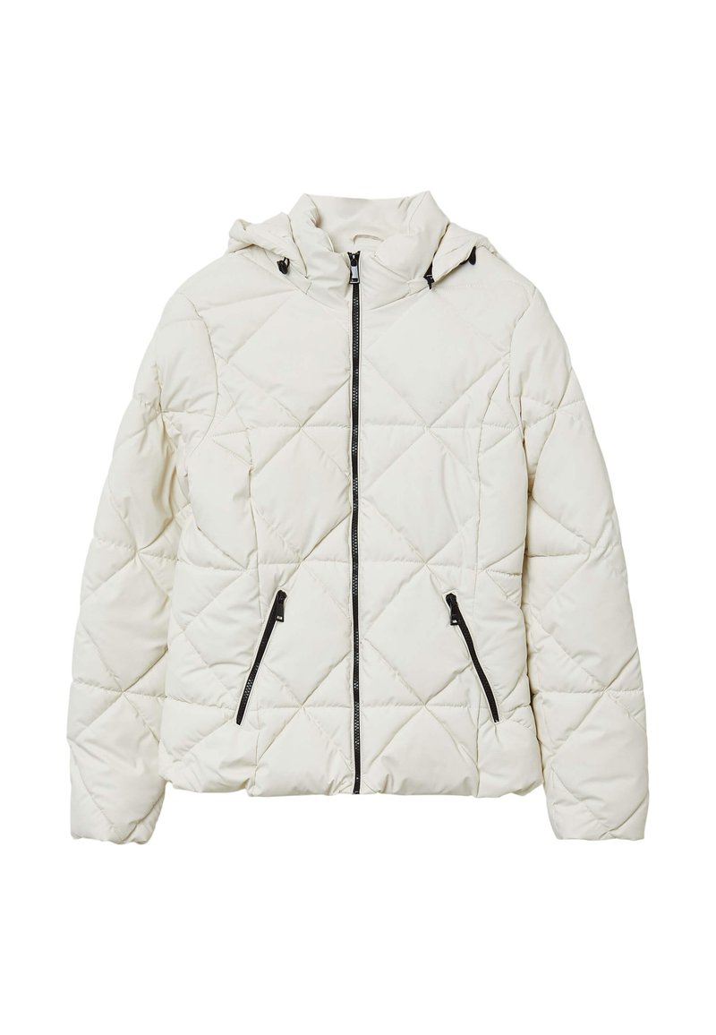 Giacca puffer bianca trapuntata con zip frontale, cappuccio e tasche con zip nere. Presenta cuciture a forma di diamante e una vestibilità rilassata.