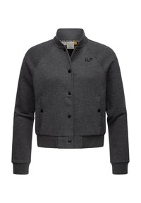 Gray sweatshirt jacket with a button-up front, ribbed collar, and cuffs. Features raglan sleeves and side pockets. Soft, textured fabric.