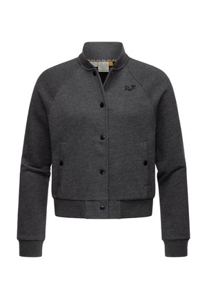Gray sweatshirt jacket with a button-up front, ribbed collar, and cuffs. Features raglan sleeves and side pockets. Soft, textured fabric.