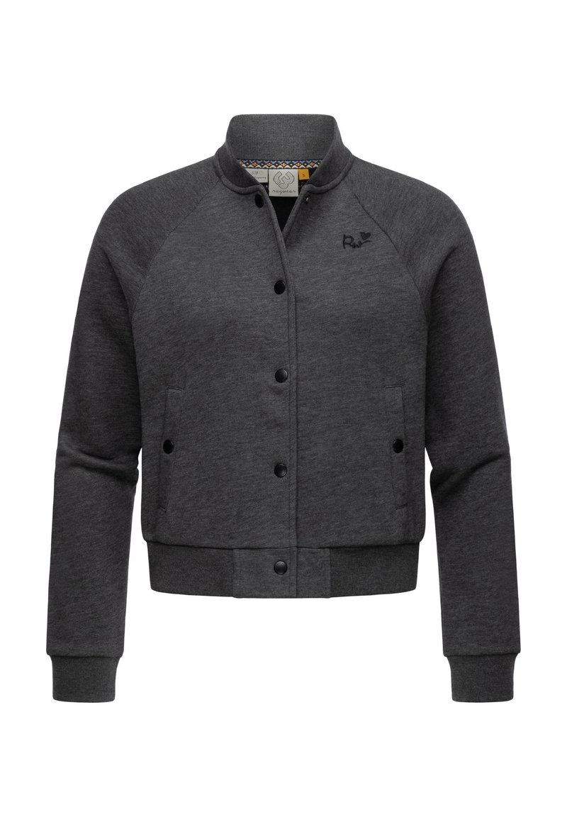 Gray sweatshirt jacket with a button-up front, ribbed collar, and cuffs. Features raglan sleeves and side pockets. Soft, textured fabric.