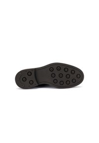 Soletta di scarpa nera in gomma con superficie liscia e presa a trama circolare per la trazione, caratterizzata da una punta arrotondata e una curvatura del tallone pronunciata.