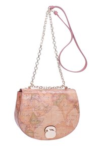 Borsa a tracolla a motivo mappa con forma arrotondata, dettagli in pelle rosa, finiture dorate e tracolla a catena. Presenta un dettaglio di chiusura magnetica.