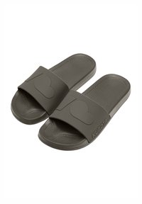 Ciemnoszare klapki na spodzie z fakturą, szeroki pasek z motywem serca i logo „Kubota” wytłoczone po boku.